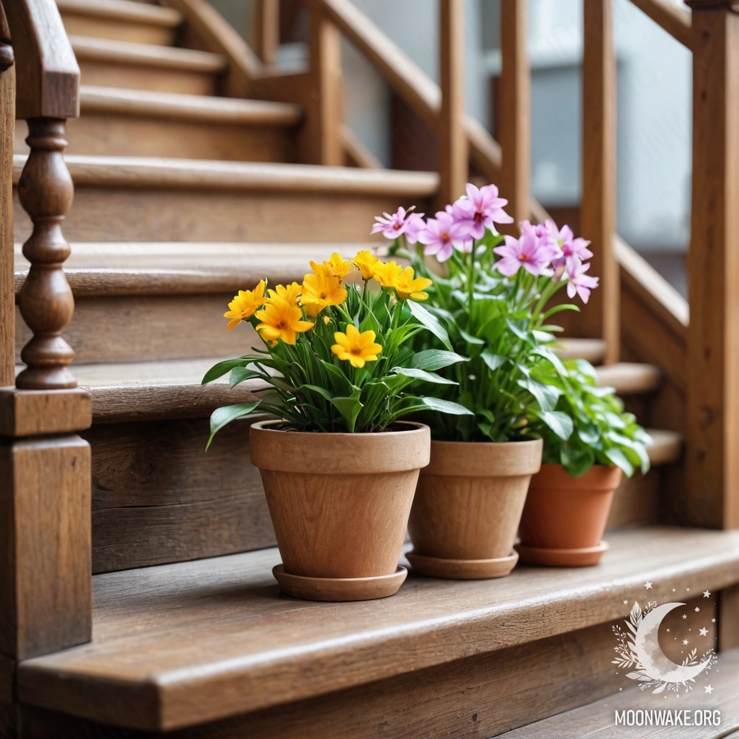 Charming Flowerpots on a Wooden Staircase A wooden staircase adorned with flowerpots, featuring delicate lenses.