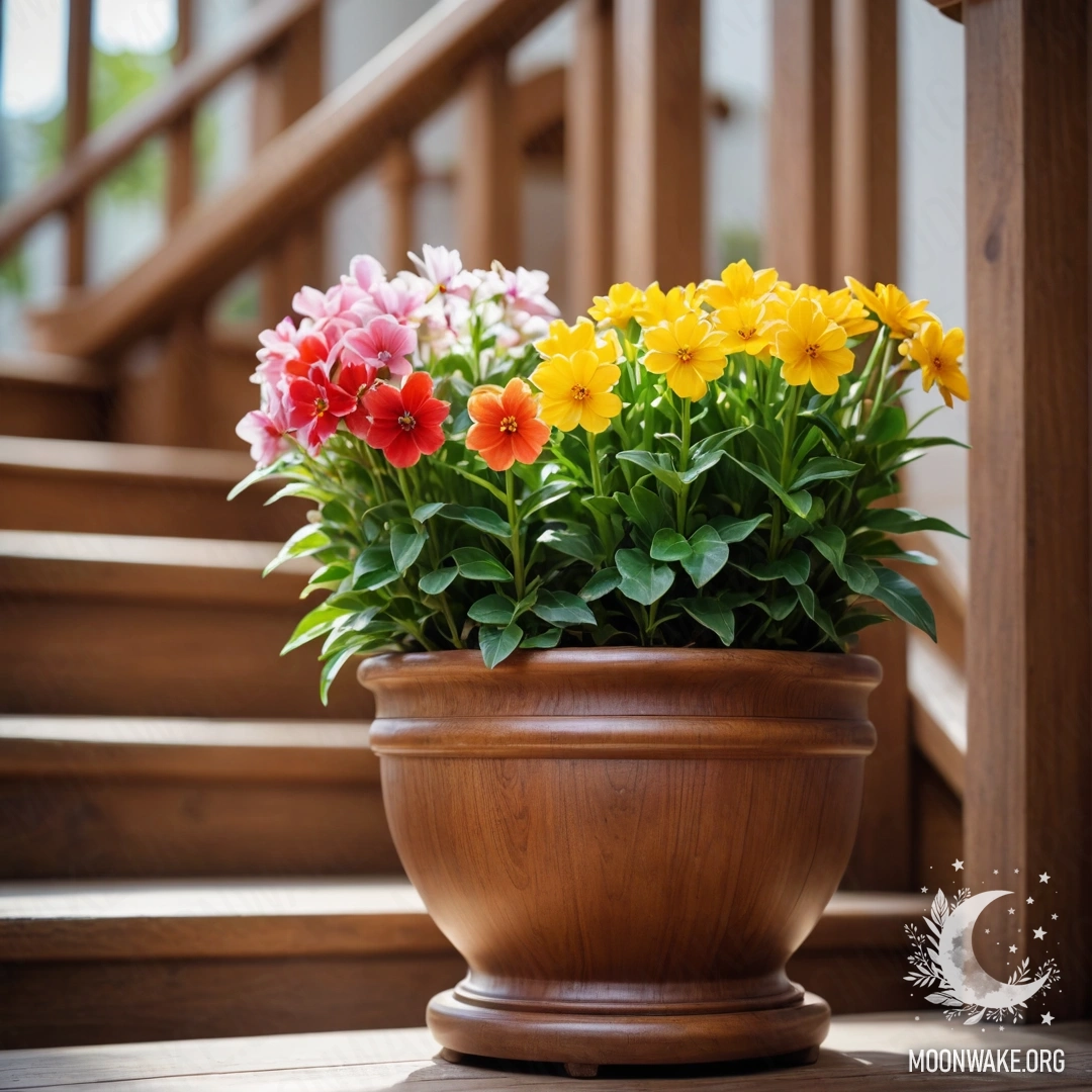 Charming Flowerpots on Wooden Staircase A photograph of flowerpots placed on a wooden staircase, showcasing delicate blooms.