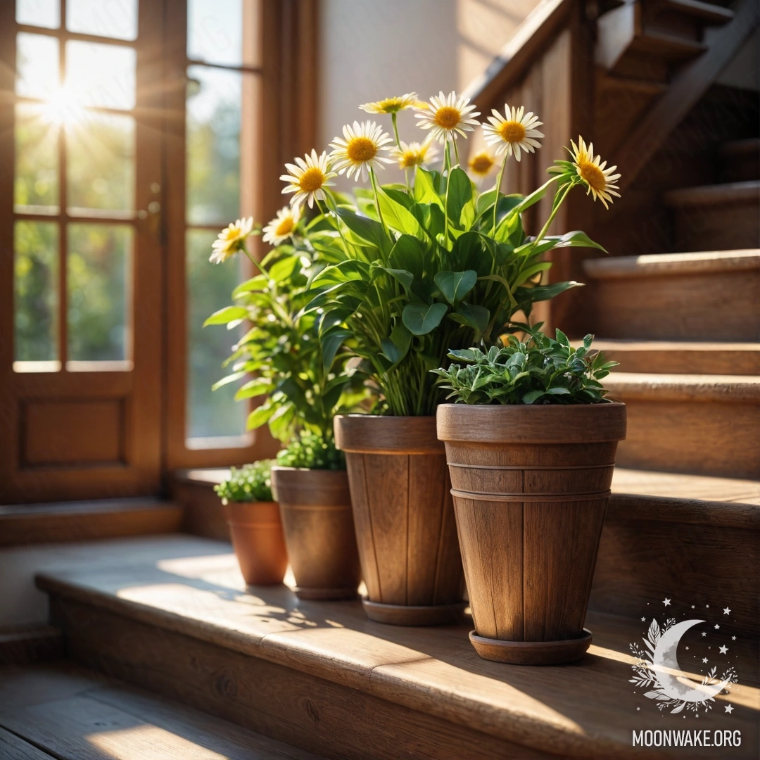 A wooden staircase adorned with flowerpots, illuminated by soft sun rays.