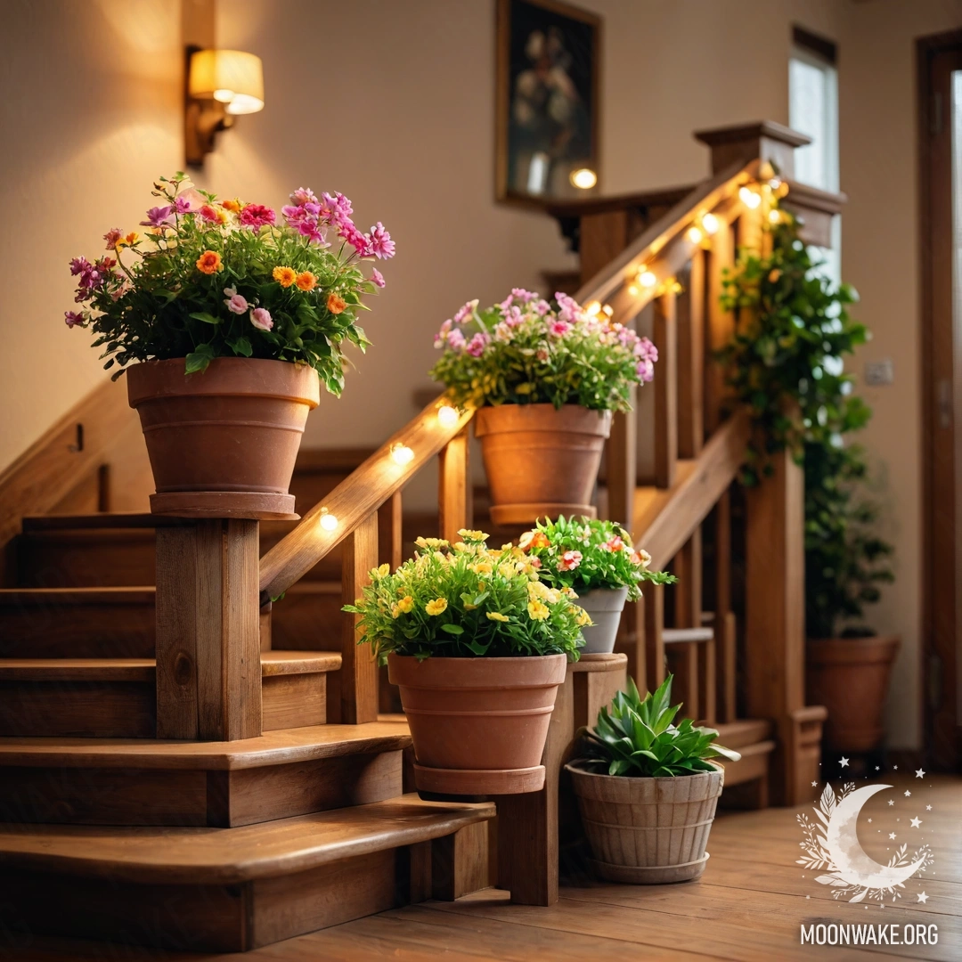 Charming Flowerpots on a Wooden Staircase Flowerpots adorned with a garland of lights on a wooden staircase.