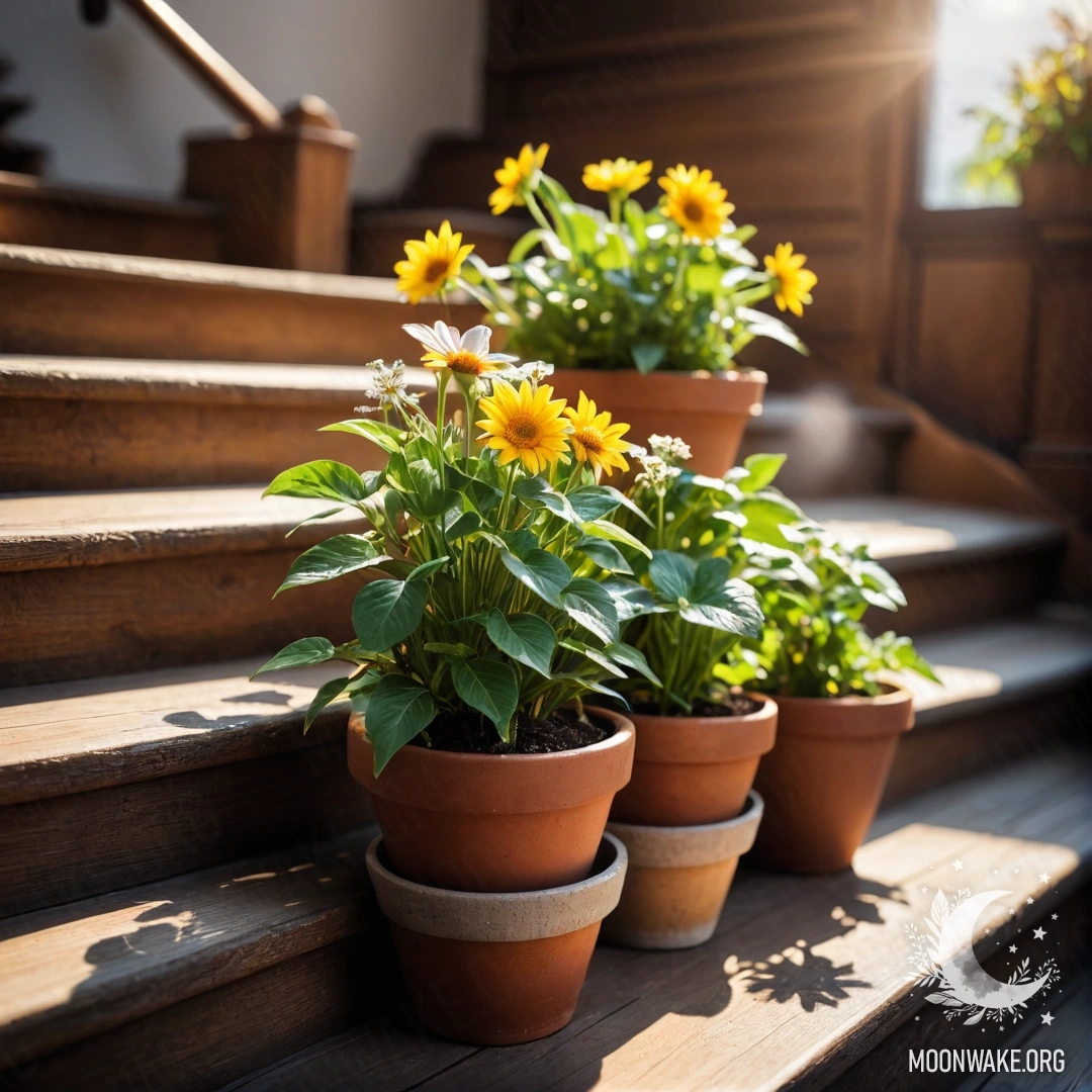A picturesque scene featuring flowerpots glowing in sunlight on a wooden staircase.