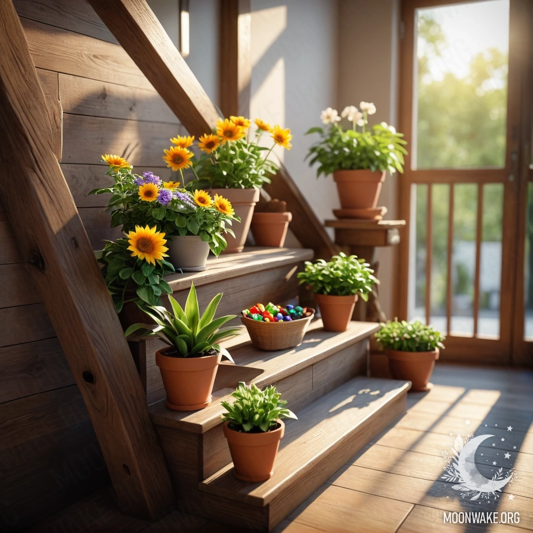 A photorealistic image of flowerpots on a wooden staircase illuminated by sun rays.