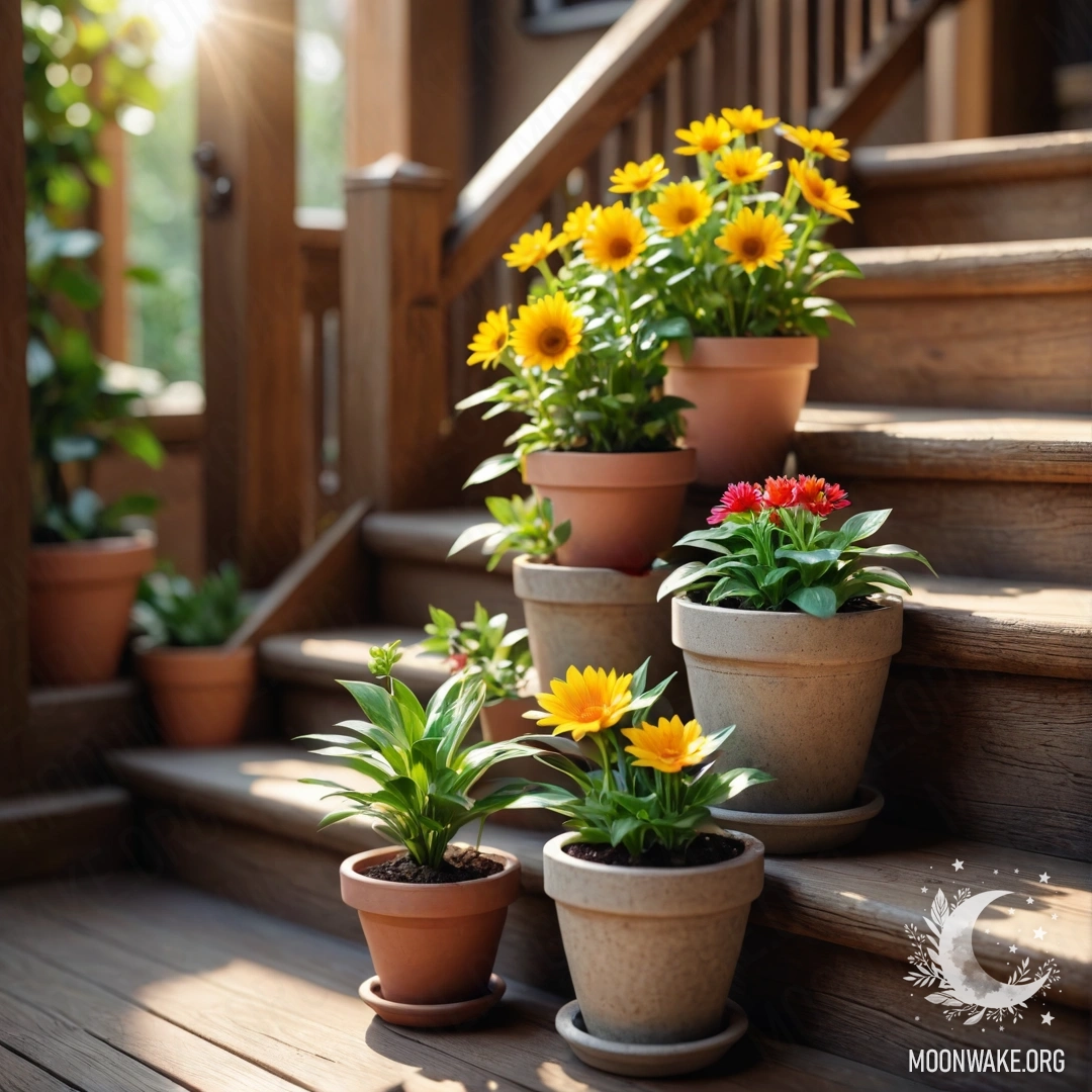 Flowerpots basking in sun rays on a rustic wooden staircase.