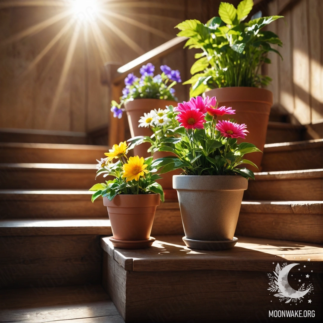 A wooden staircase adorned with flowerpots basking in sunlight.