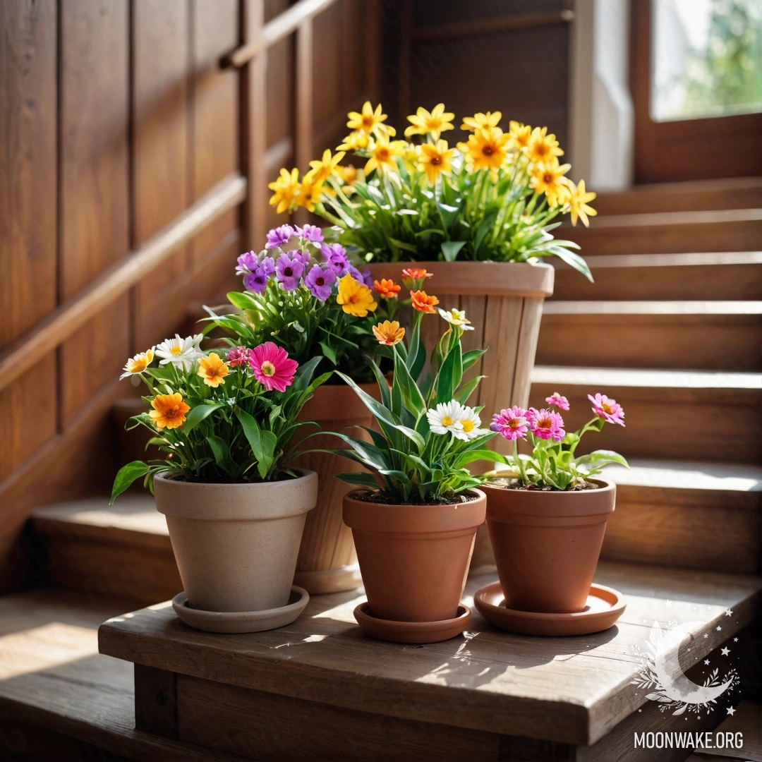 A wooden staircase adorned with flowerpots containing lush plants.