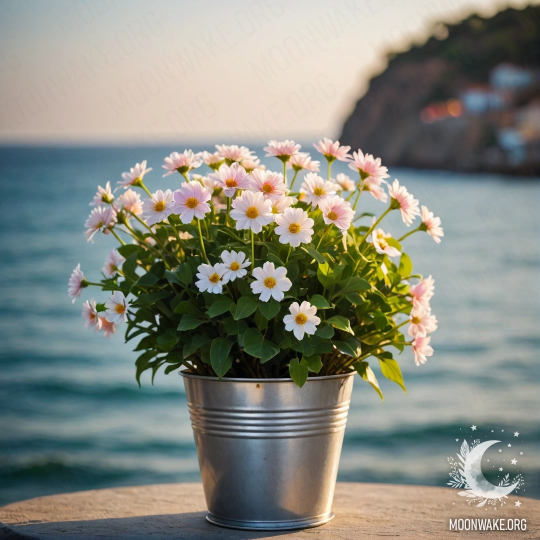 A small bucket-shaped metal flowerpot filled with flowers against a blurred sea background adorned with garland lights.