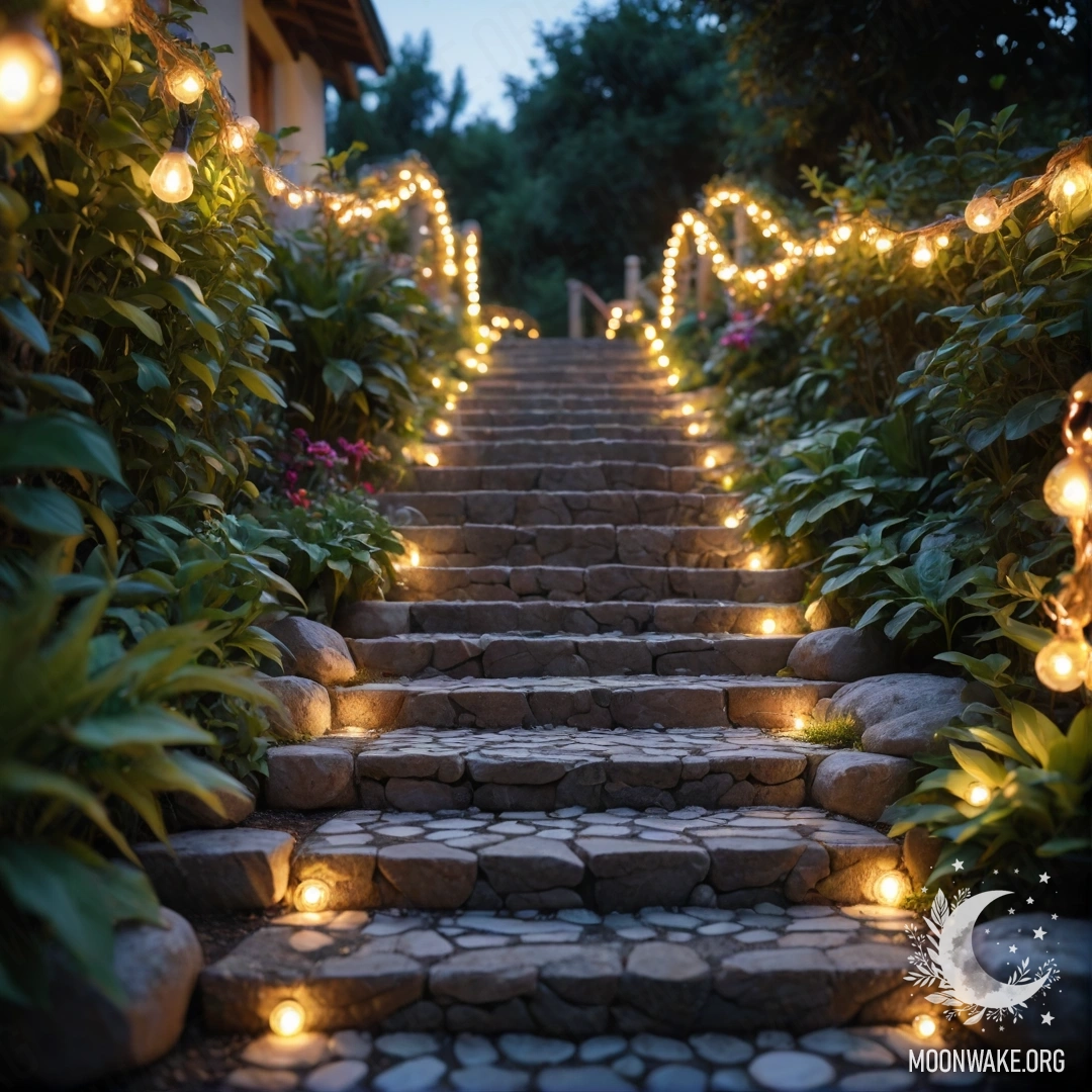 Photorealistic view of a charming garden path with stone and wooden staircase decorated with light garlands during sunset.