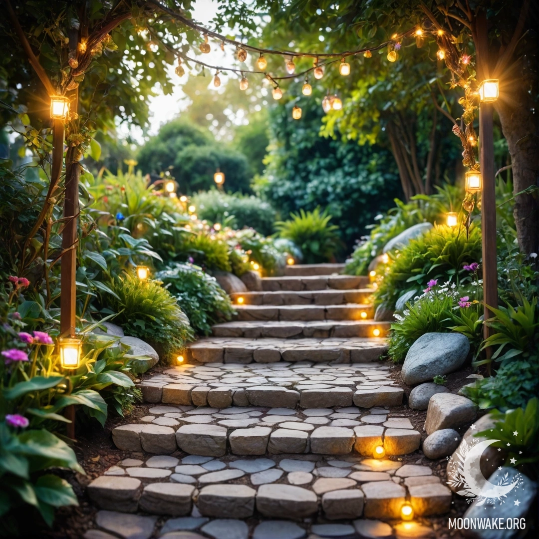 A garden path of stones and a wooden staircase adorned with light garlands and sun rays.