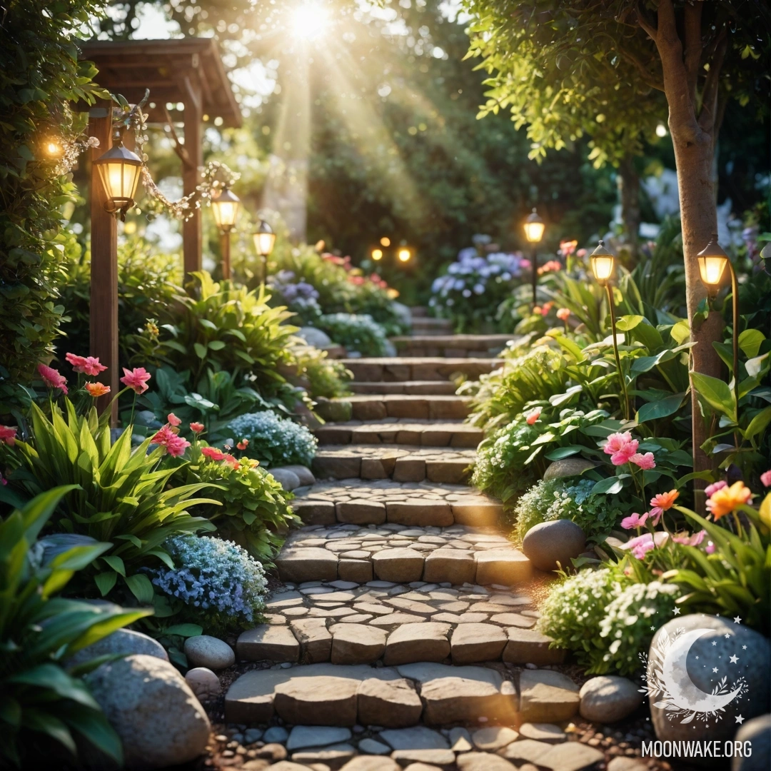 A picturesque garden decorated with light garlands and a stone path.