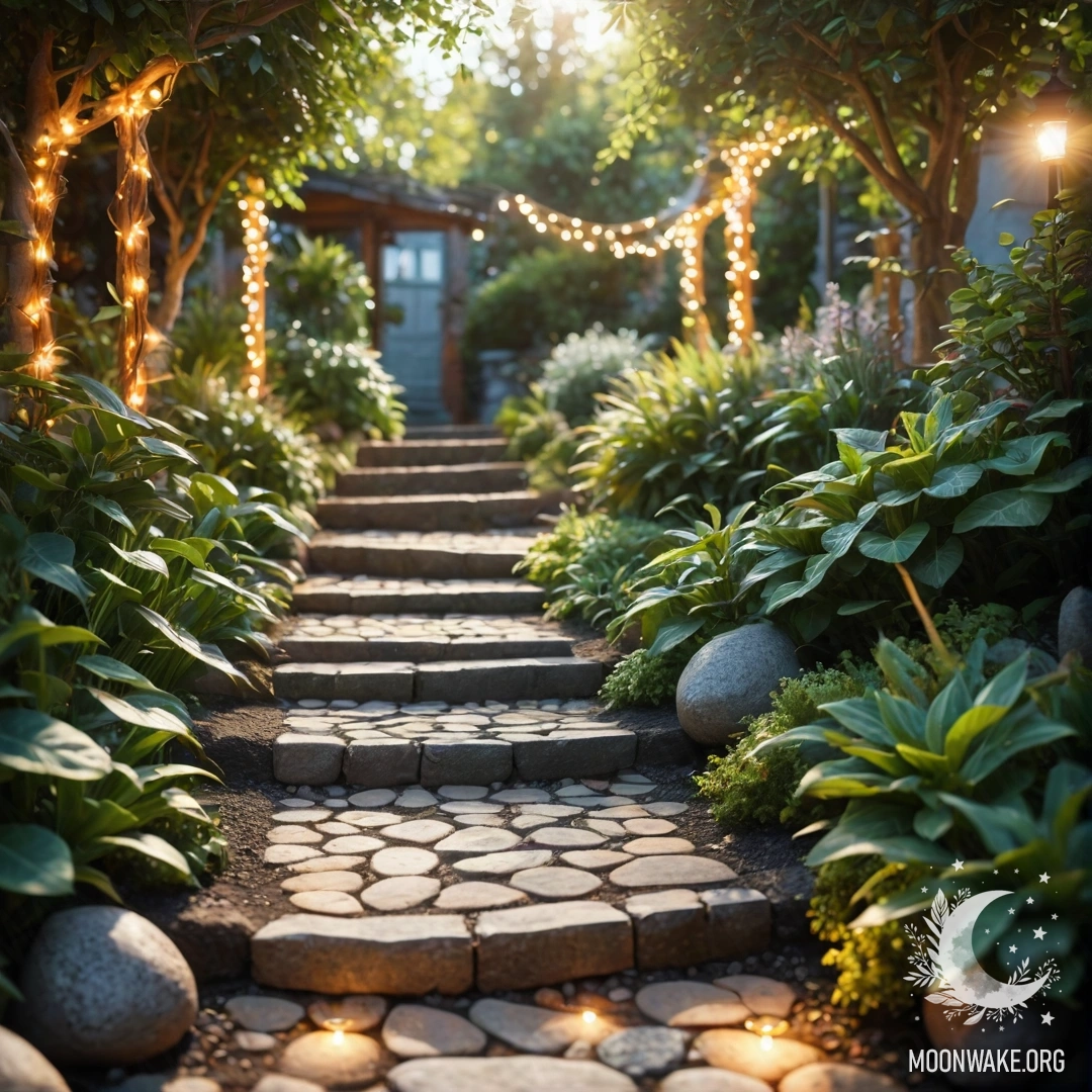 Charming Garden Path with Sunlight Photorealistic view of a garden path made of stones, adorned with light garlands and a wooden staircase, illuminated by sun rays.