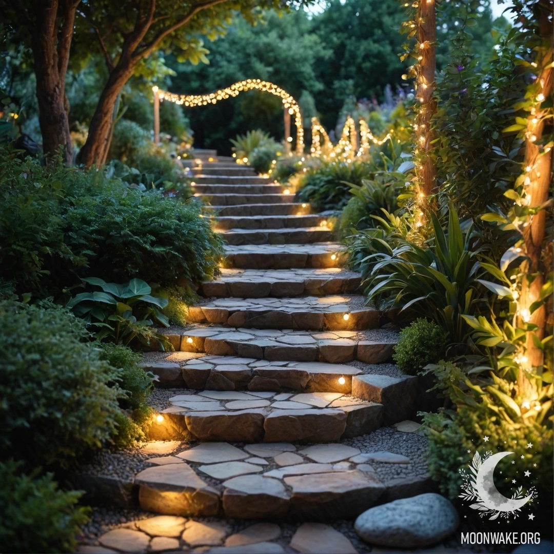 A picturesque garden path adorned with light garlands, featuring stones and a wooden staircase.