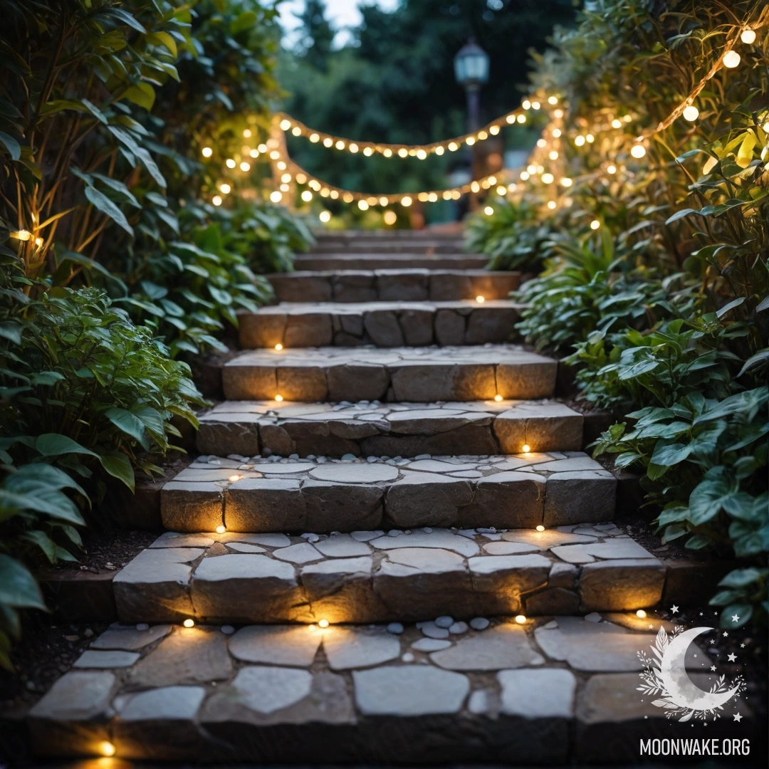 A minimalistic garden with light garlands, stone path, and wooden staircase.