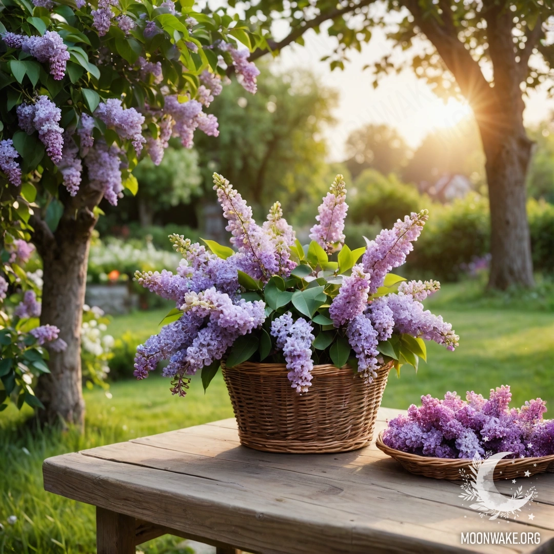 A vintage wooden table with a basket of lilacs in a garden during sunset.