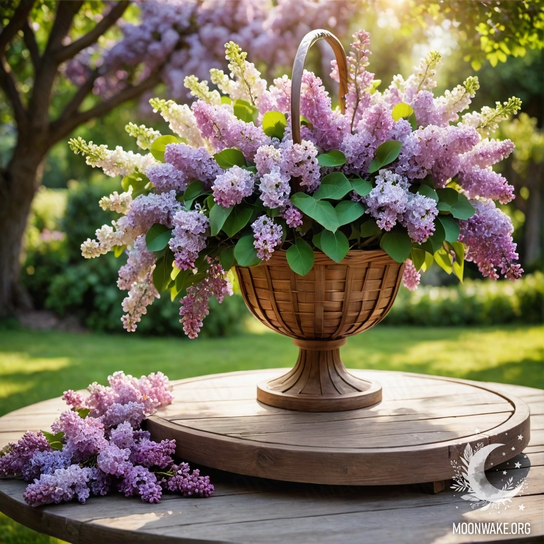 Charming Garden Table with Lilacs A vintage wooden table in a garden with a basket of lilacs and string lights