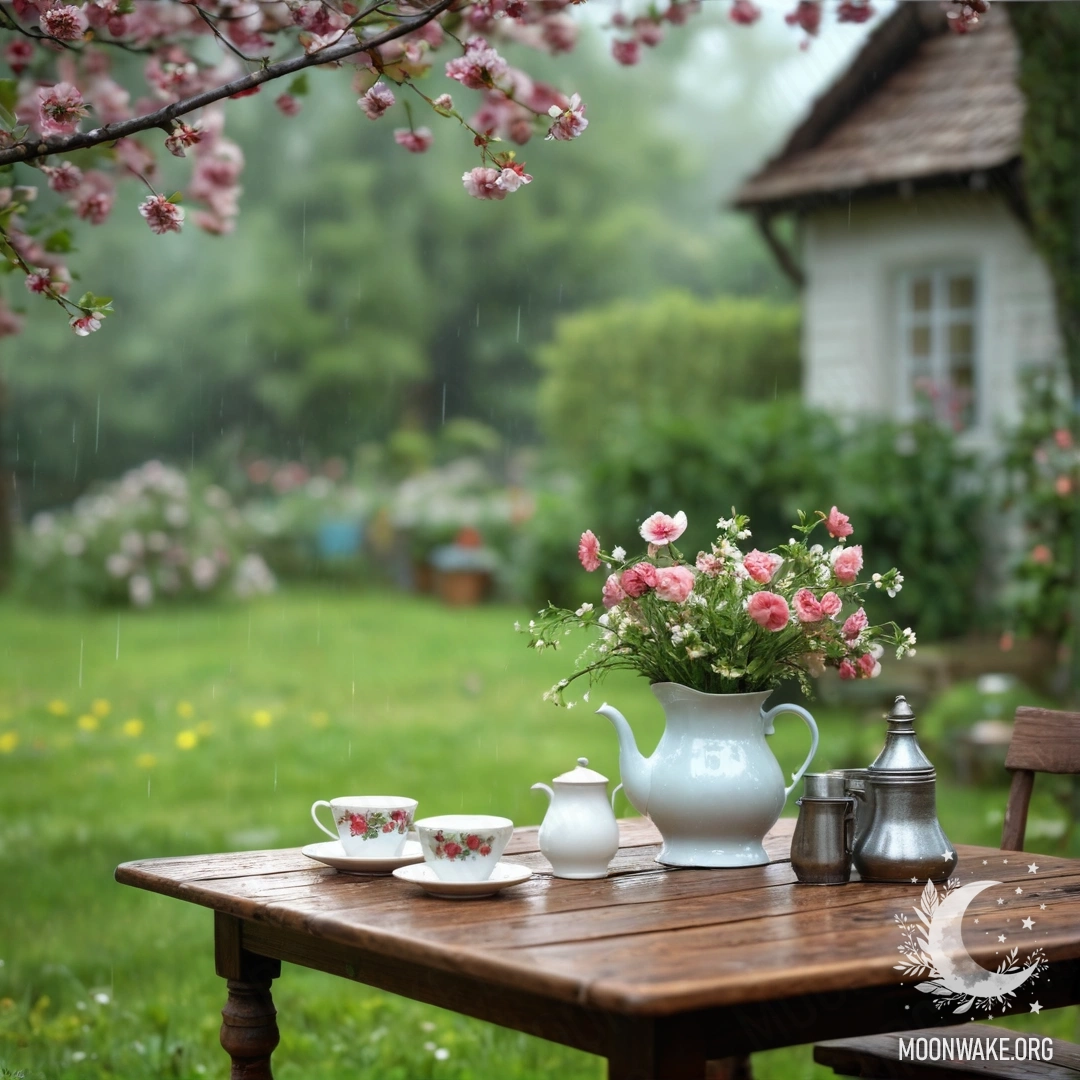 A shabby vintage table adorned with cups, teapot, berries, and flowers under an apple tree in the rain.