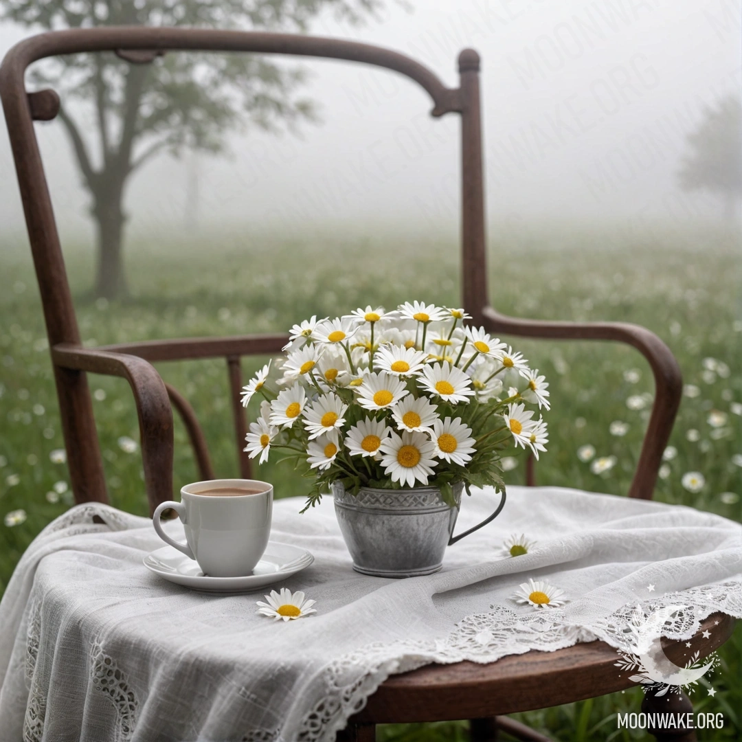 A vintage table in a garden under a blossoming apple tree, adorned with cups, a teapot, berries, milk, and flowers with fairy lights.
