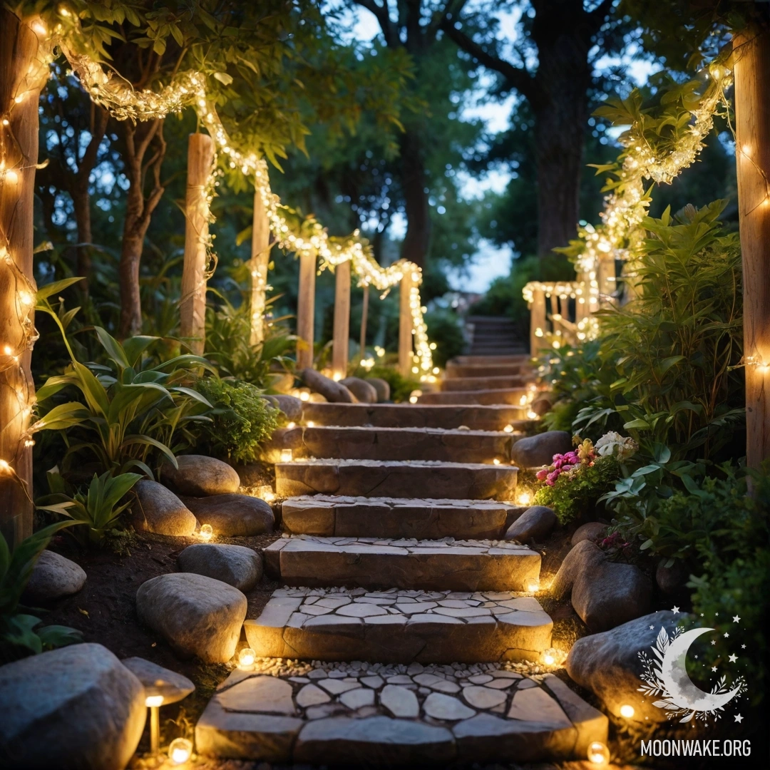 A charming garden path made of stones with a wooden staircase adorned with light garlands.