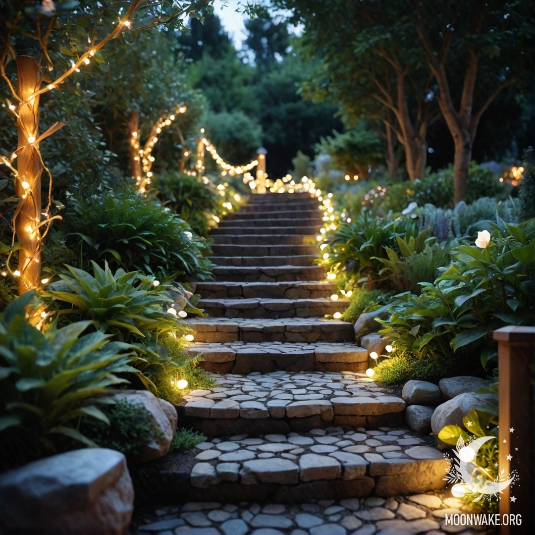 A beautiful garden path with stone paving, adorned with light garlands and a wooden staircase.
