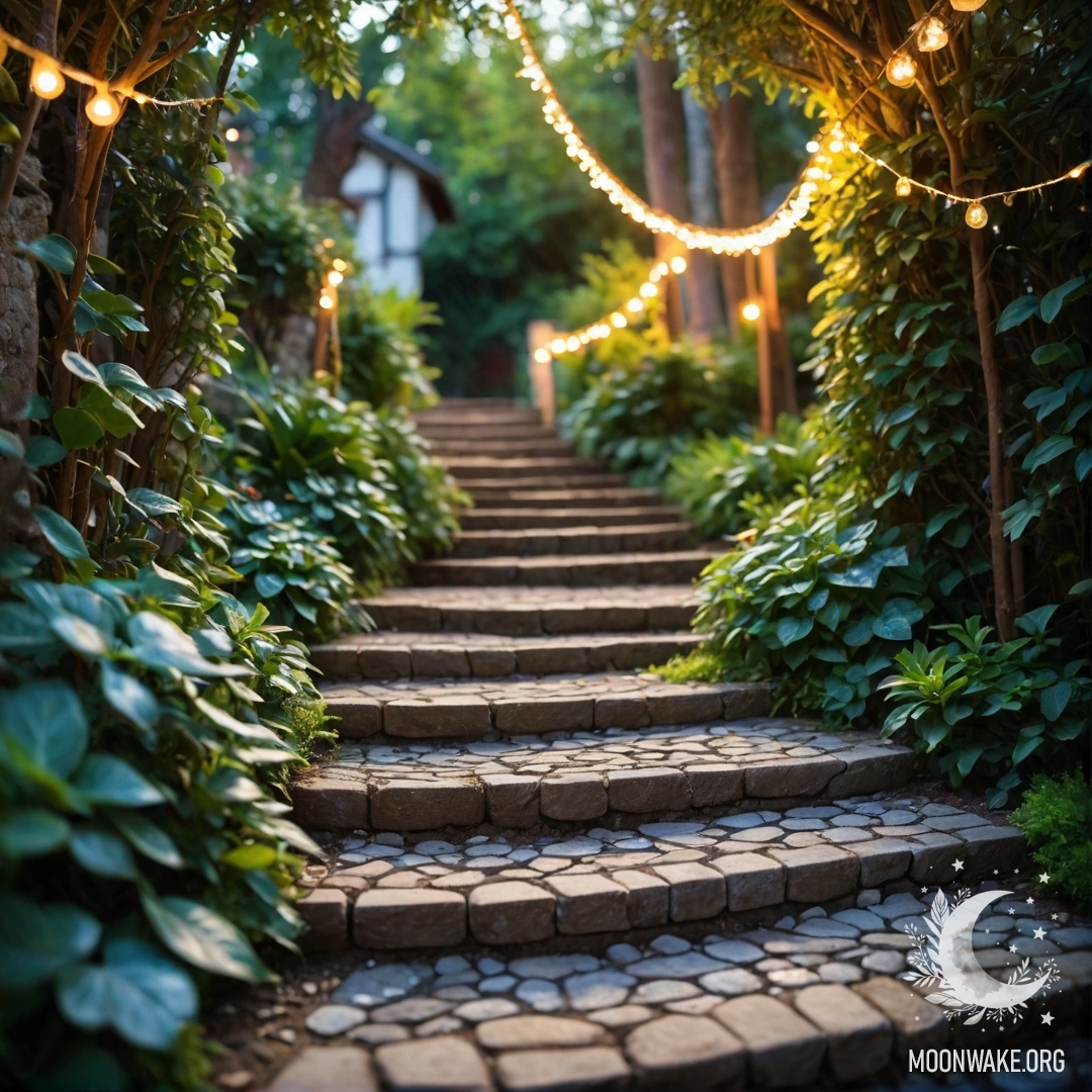 A beautiful garden path made of stones, decorated with light garlands and a wooden staircase, illuminated by sun rays.