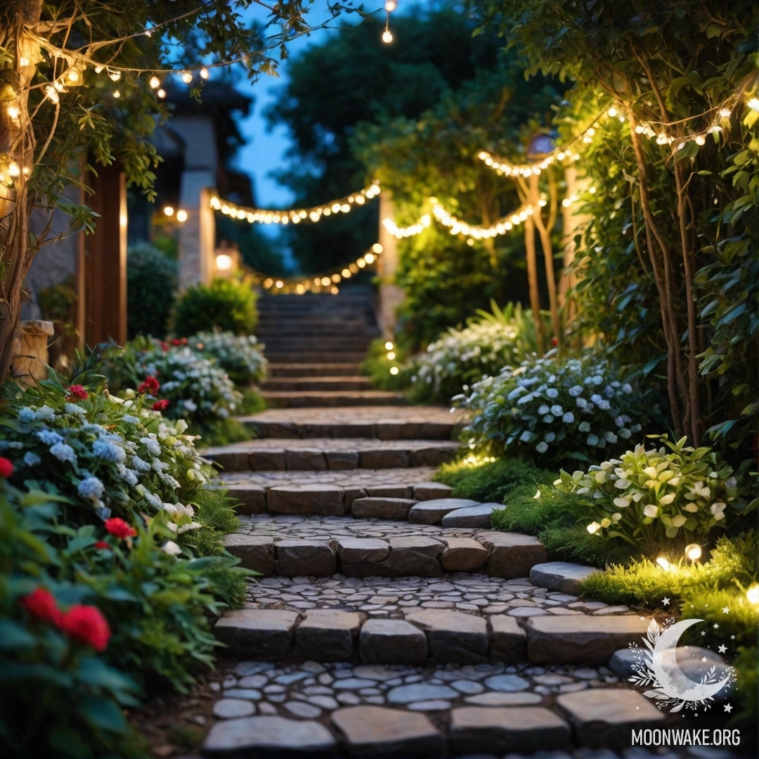 A photorealistic garden adorned with light garlands, featuring a stone path and a wooden staircase.