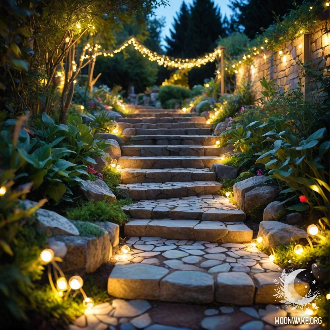 A beautifully decorated garden with light garlands, a stone path, and a wooden staircase.