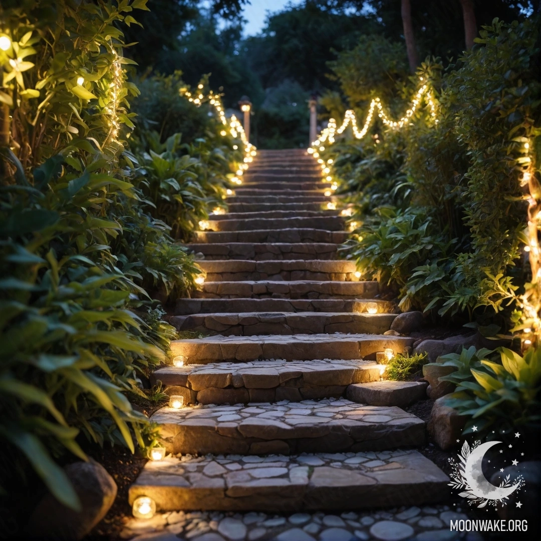 A beautiful garden path made of stones with light garlands and a wooden staircase illuminated by garland lights.