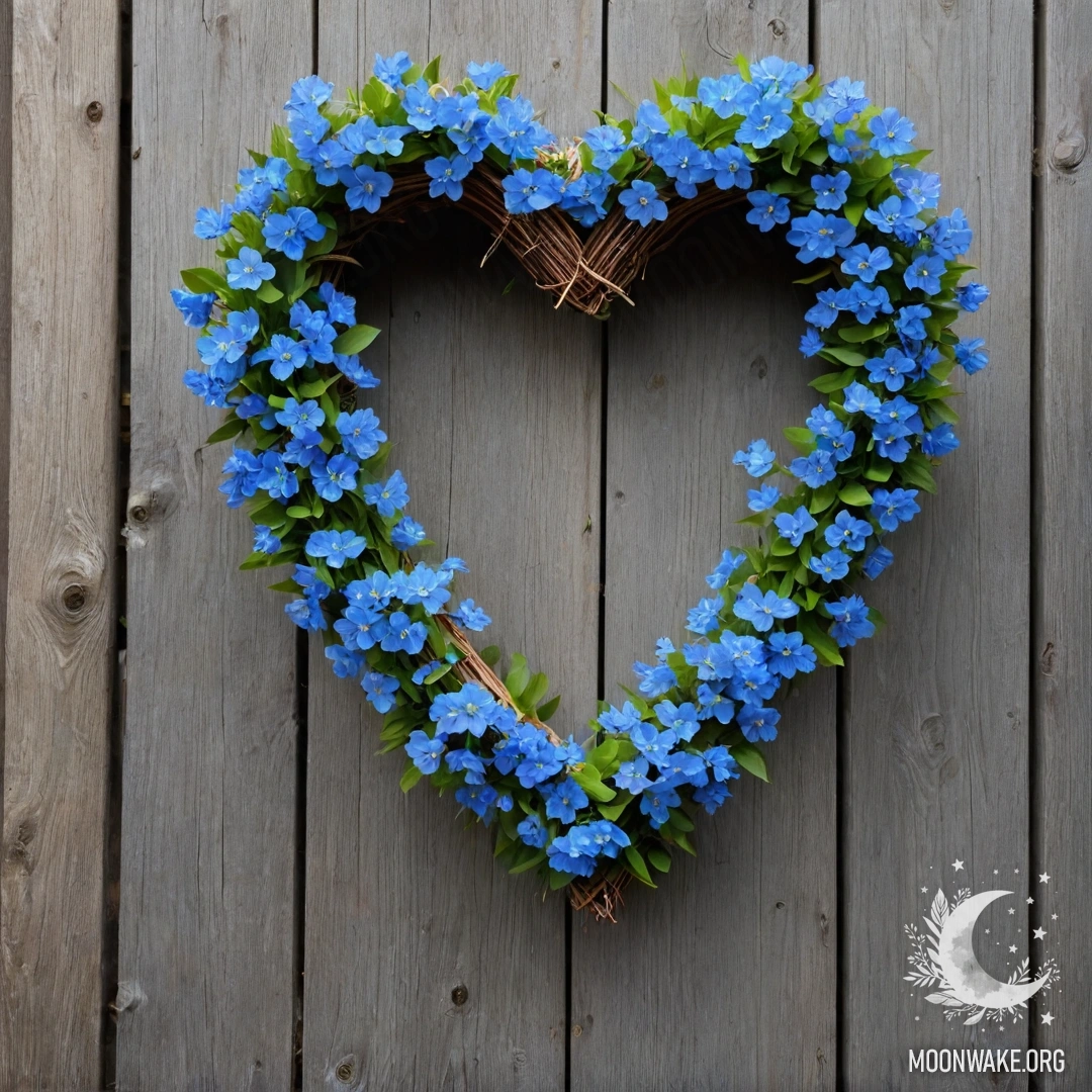 Charming Heart-Shaped Blue Flower Wreath on Fence Close-up of an old wooden fence adorned with a blue flower wreath shaped like a heart, illuminated by garland lights.
