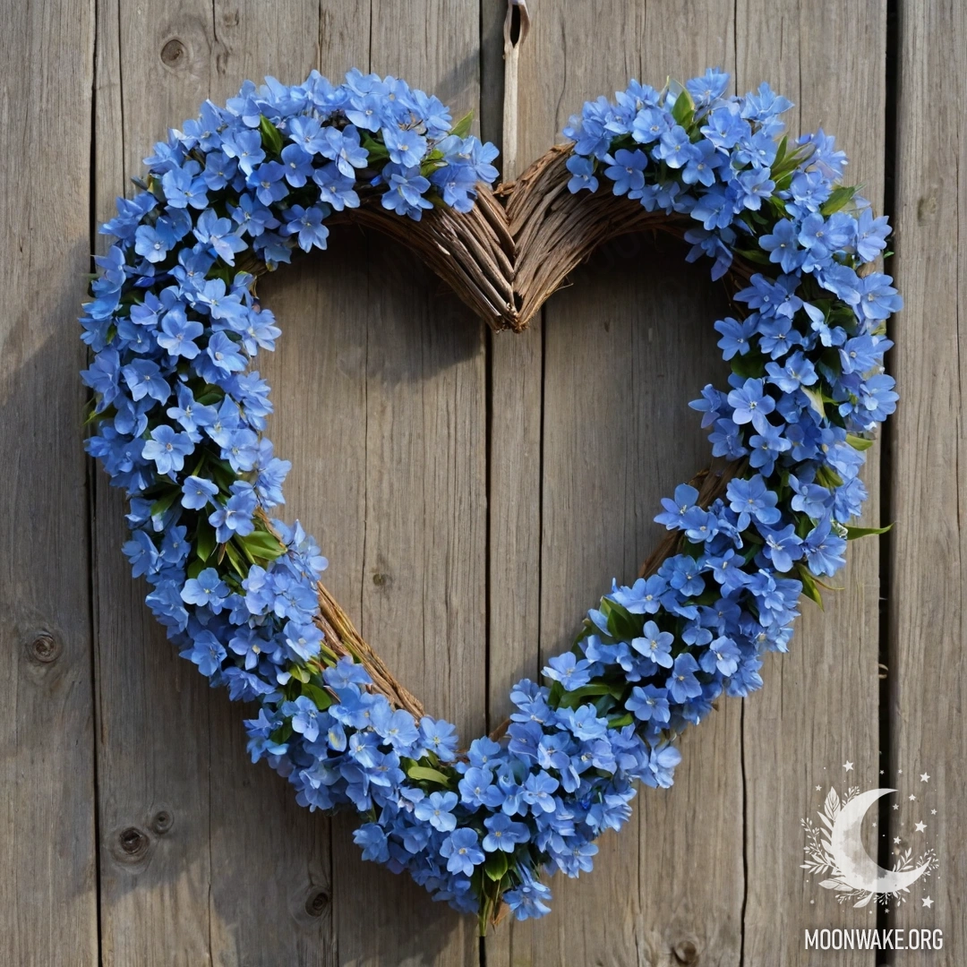 Close-up of an old wooden fence with a heart-shaped wreath of blue flowers.