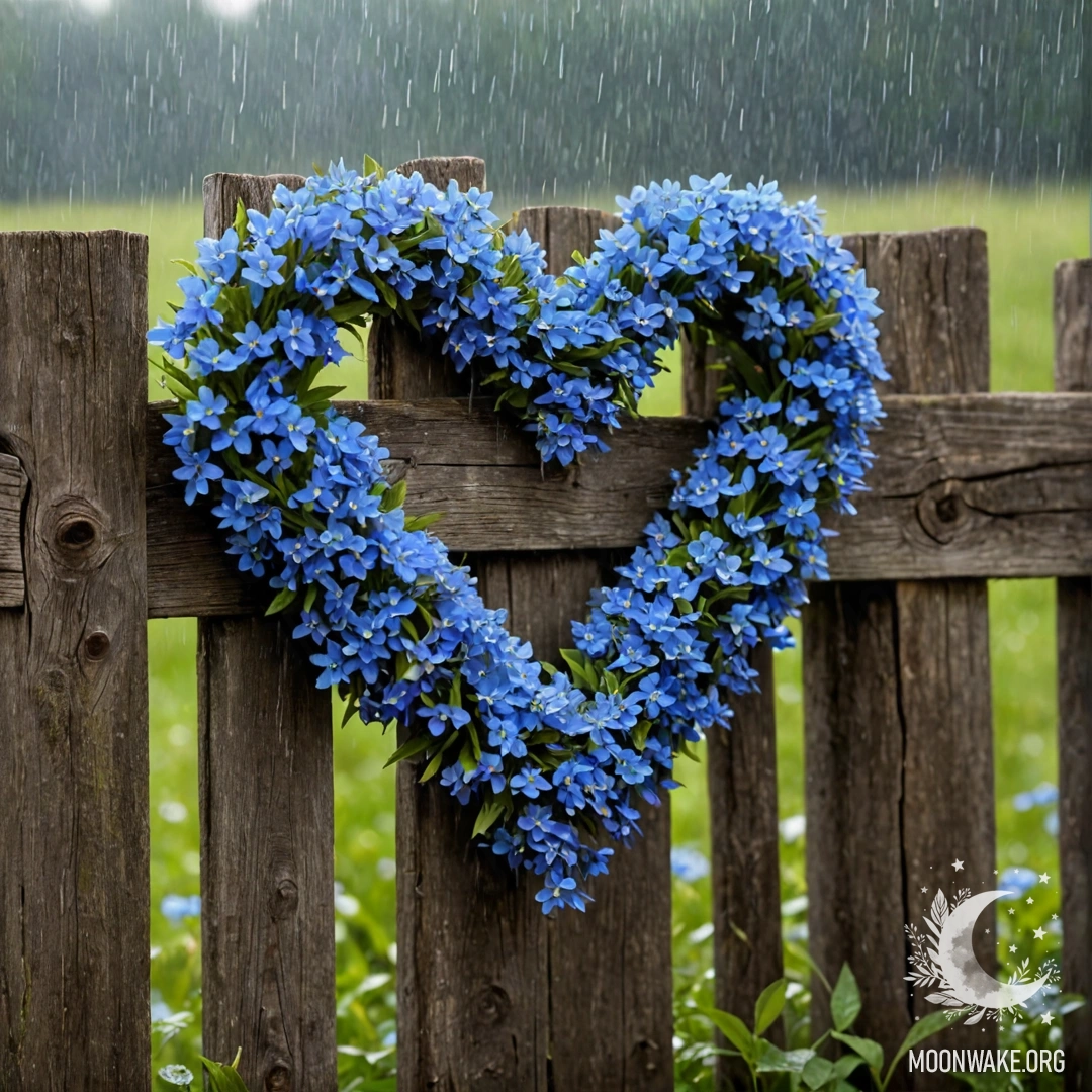 Close-up of an old wooden fence adorned with a heart-shaped wreath of blue flowers under the rain.