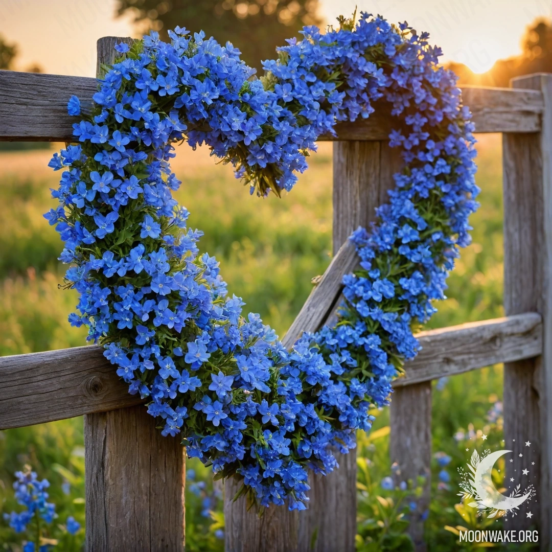 Close-up of a wooden fence with a heart-shaped wreath of blue flowers at sunset.