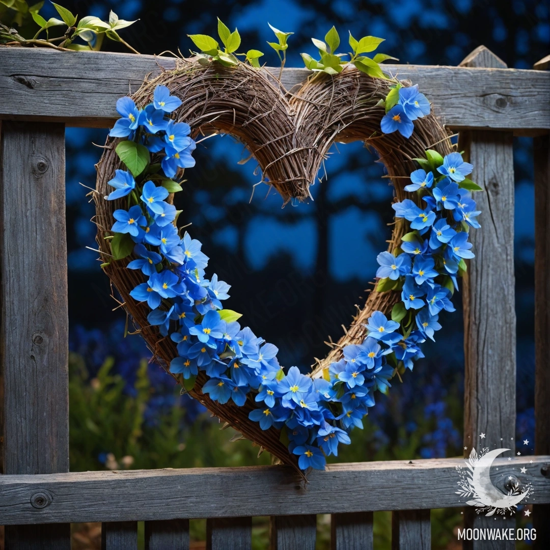 Close-up of an old wooden fence adorned with a heart-shaped wreath of blue flowers, illuminated by soft night light.