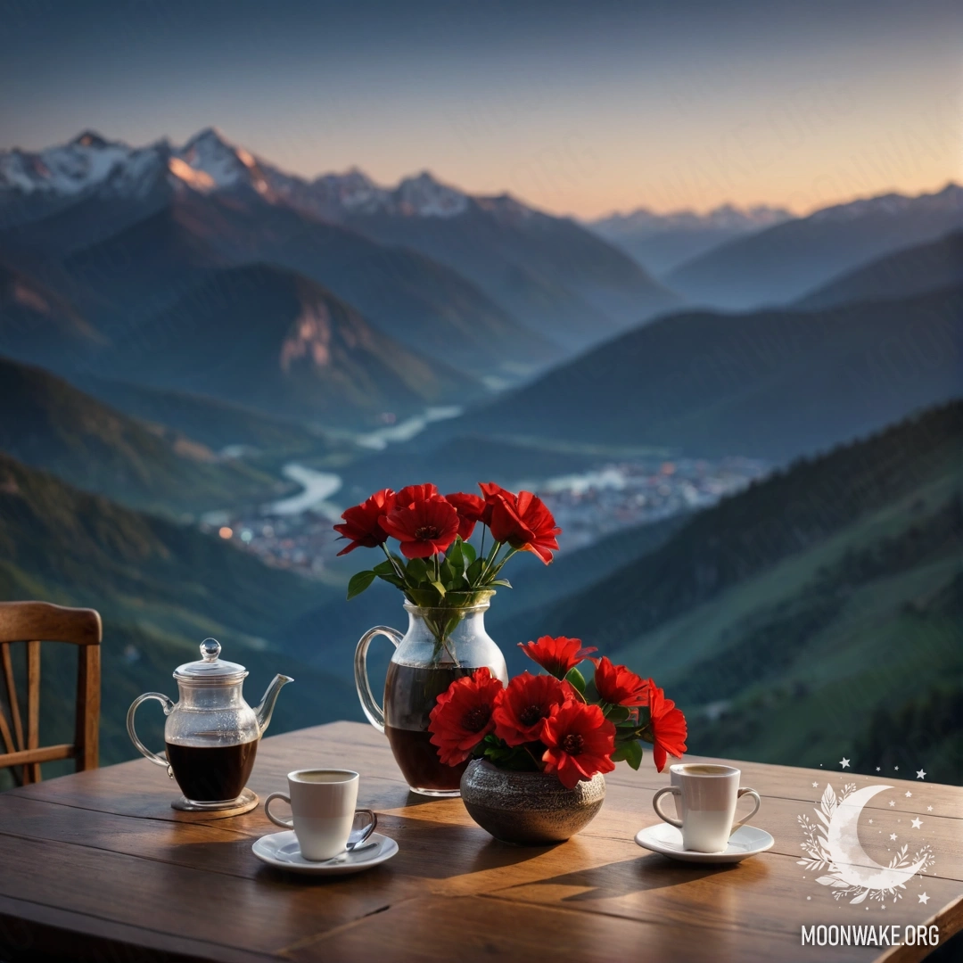 A wooden table at night with red flowers, a coffee pot, and cups, and mountains in the background.