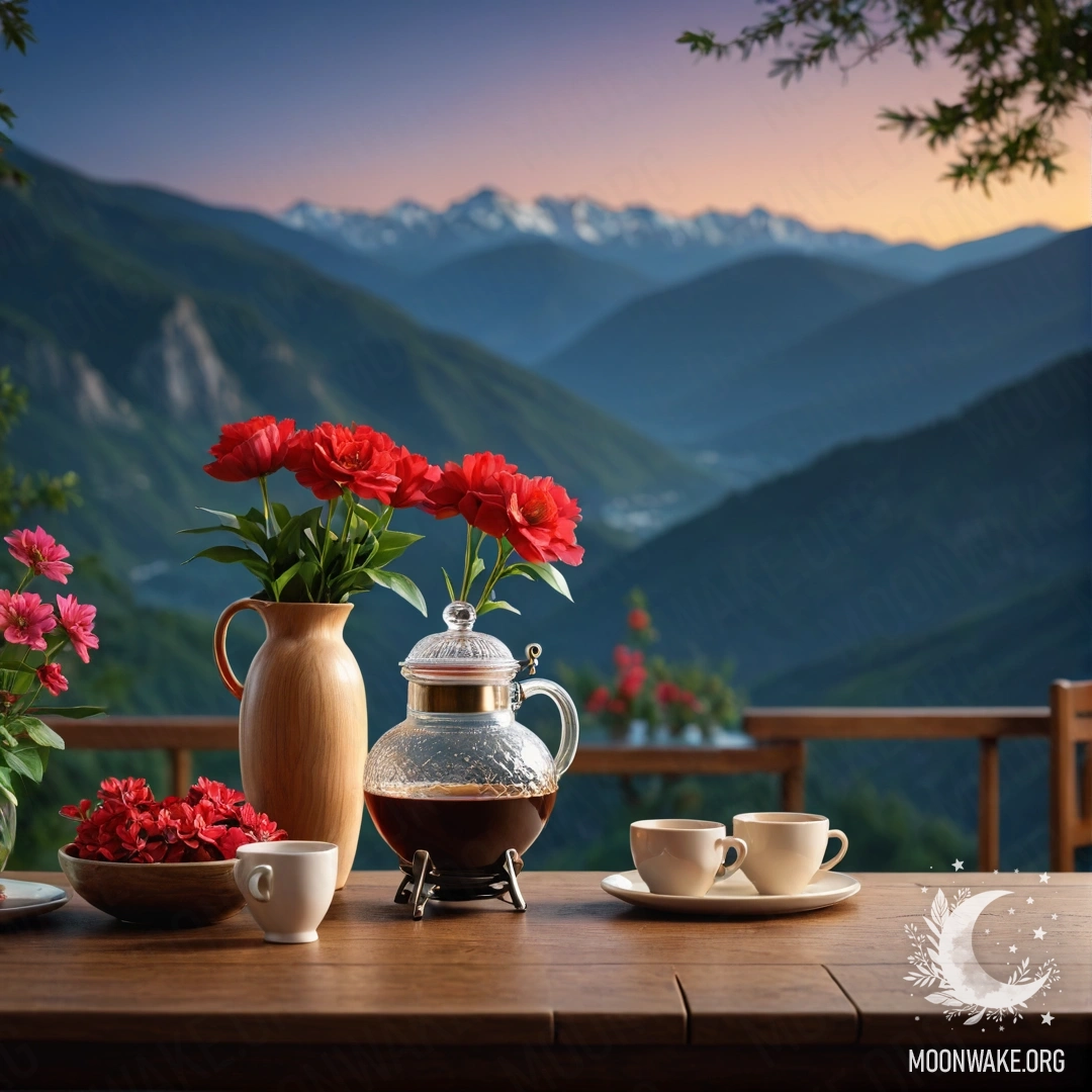 A wooden table with a jar of red flowers, a coffee pot, and cups set against a mountain backdrop at night.
