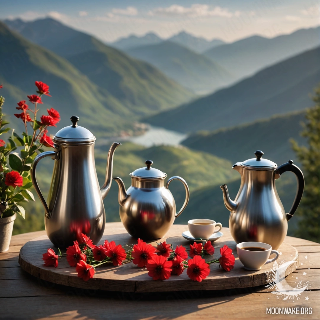Charming Mountain Table Arrangement An abstract wooden table with a jar of red flowers, a coffee pot, and cups, set against a mountainous backdrop.