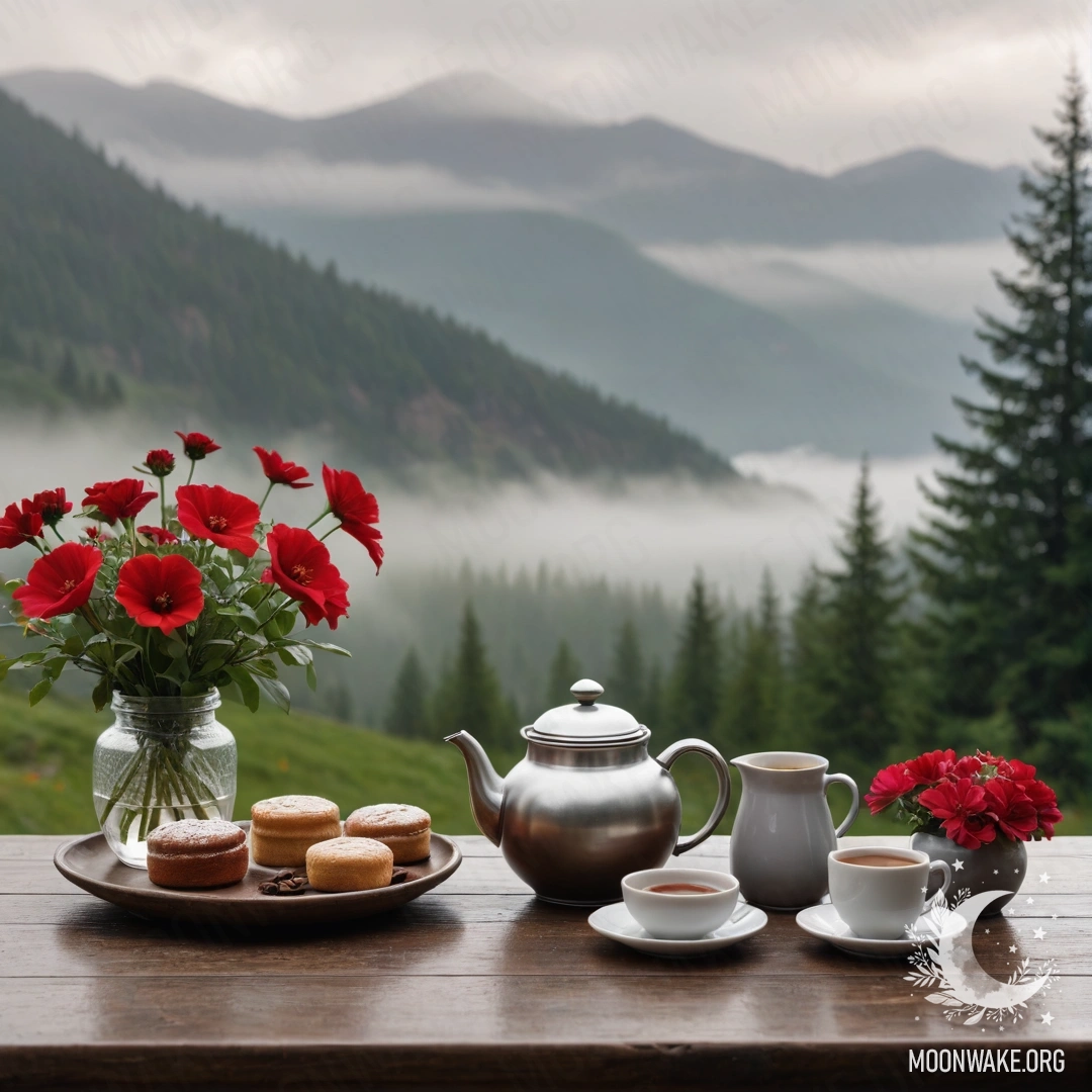 A wooden table with a jar of red flowers, coffee pot and cups set against a misty mountain backdrop.