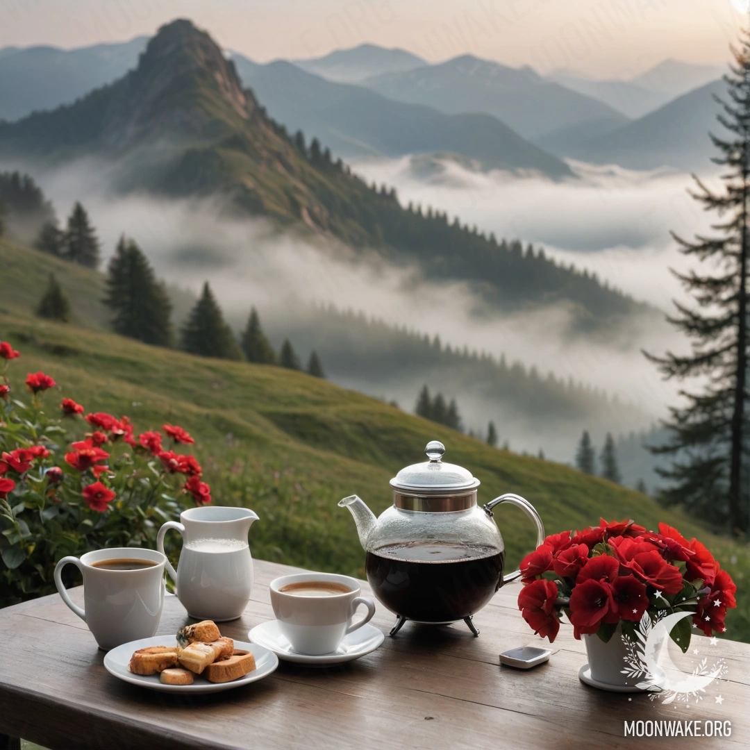 A wooden table in the misty mountains, featuring a jar of red flowers, coffee pot, and cups.