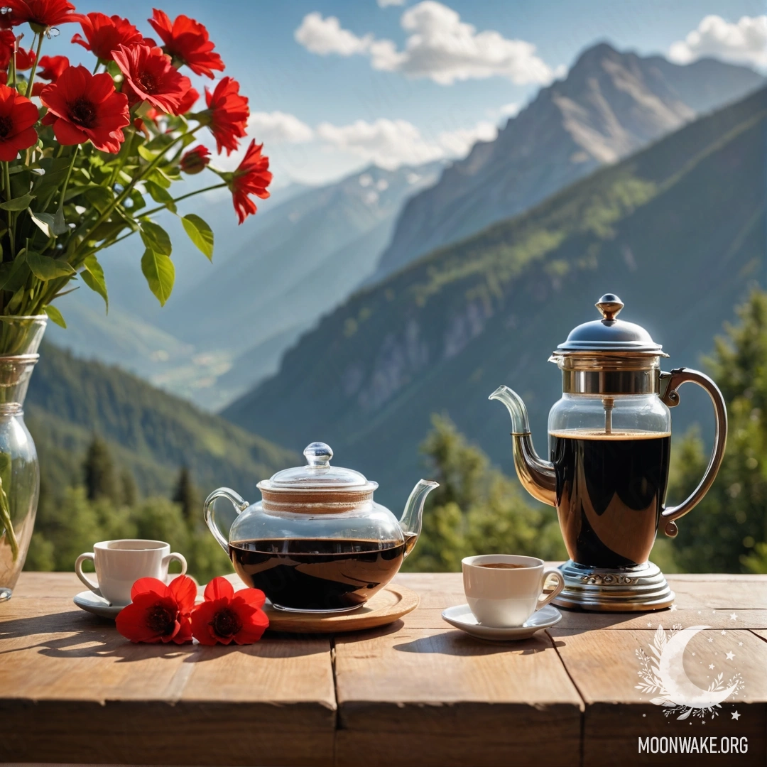 A wooden table with a jar of red flowers, a coffee pot, and cups in a mountain setting with sunlight.