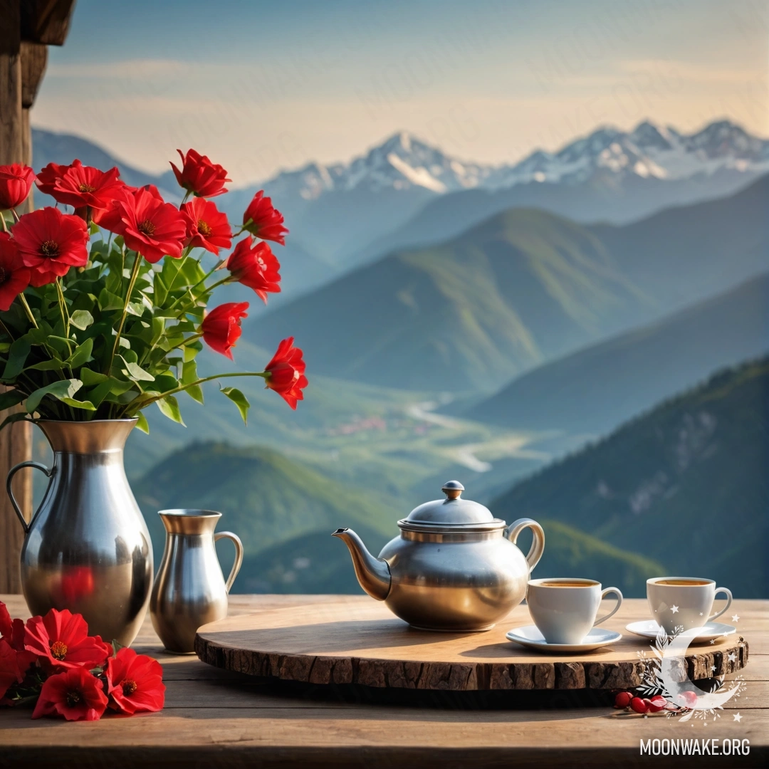 A photorealistic wooden table with a jar of red flowers, a coffee pot, and cups with garland lights, set against a mountain backdrop.