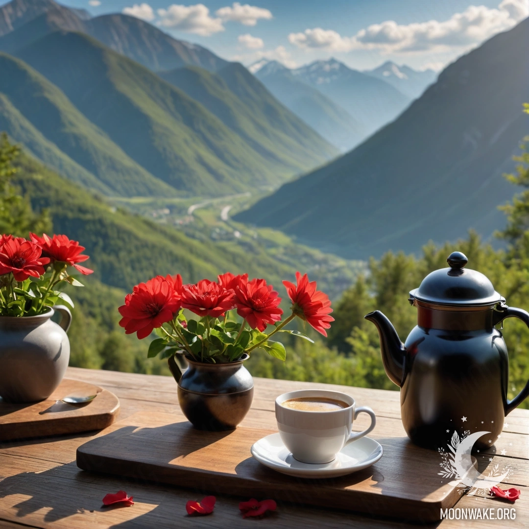 A wooden table with red flowers, coffee pot and cups, mountains in the background.