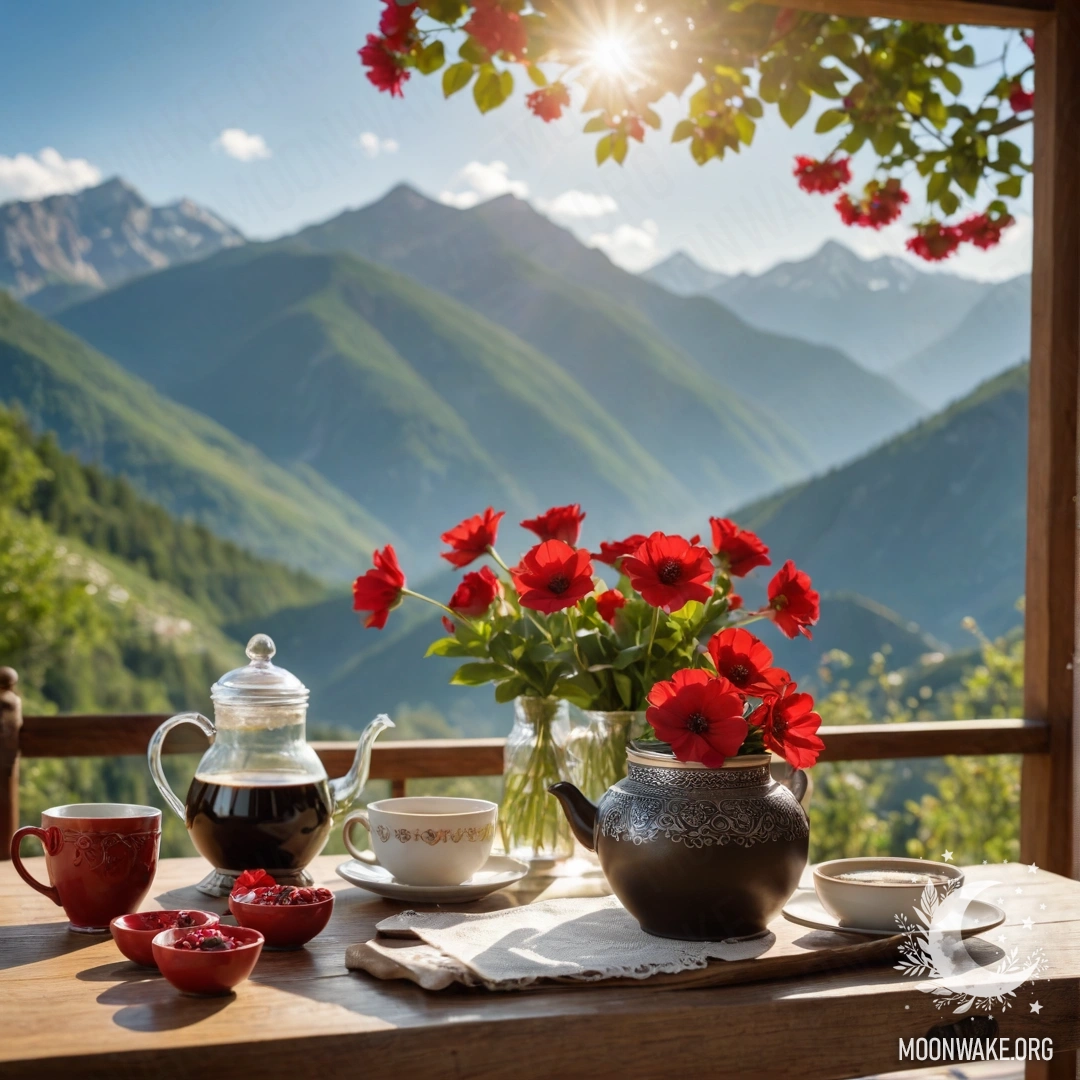 Charming Mountain Table Setup A sweet wooden table with a jar of red flowers, a coffee pot, and cups, set against a mountain backdrop with sun rays.