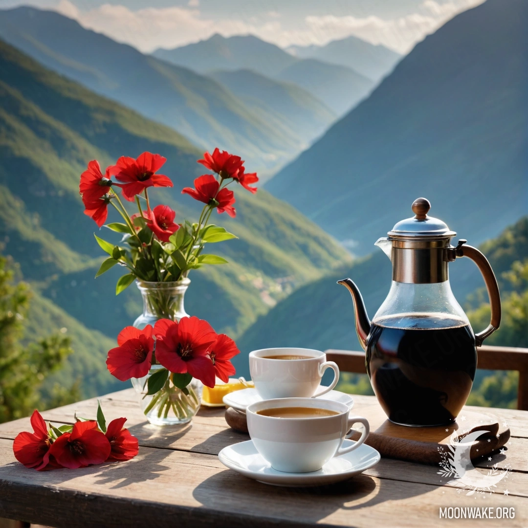 A photograph of a wooden table with a jar of red flowers, a coffee pot and cups, set against a mountain backdrop.