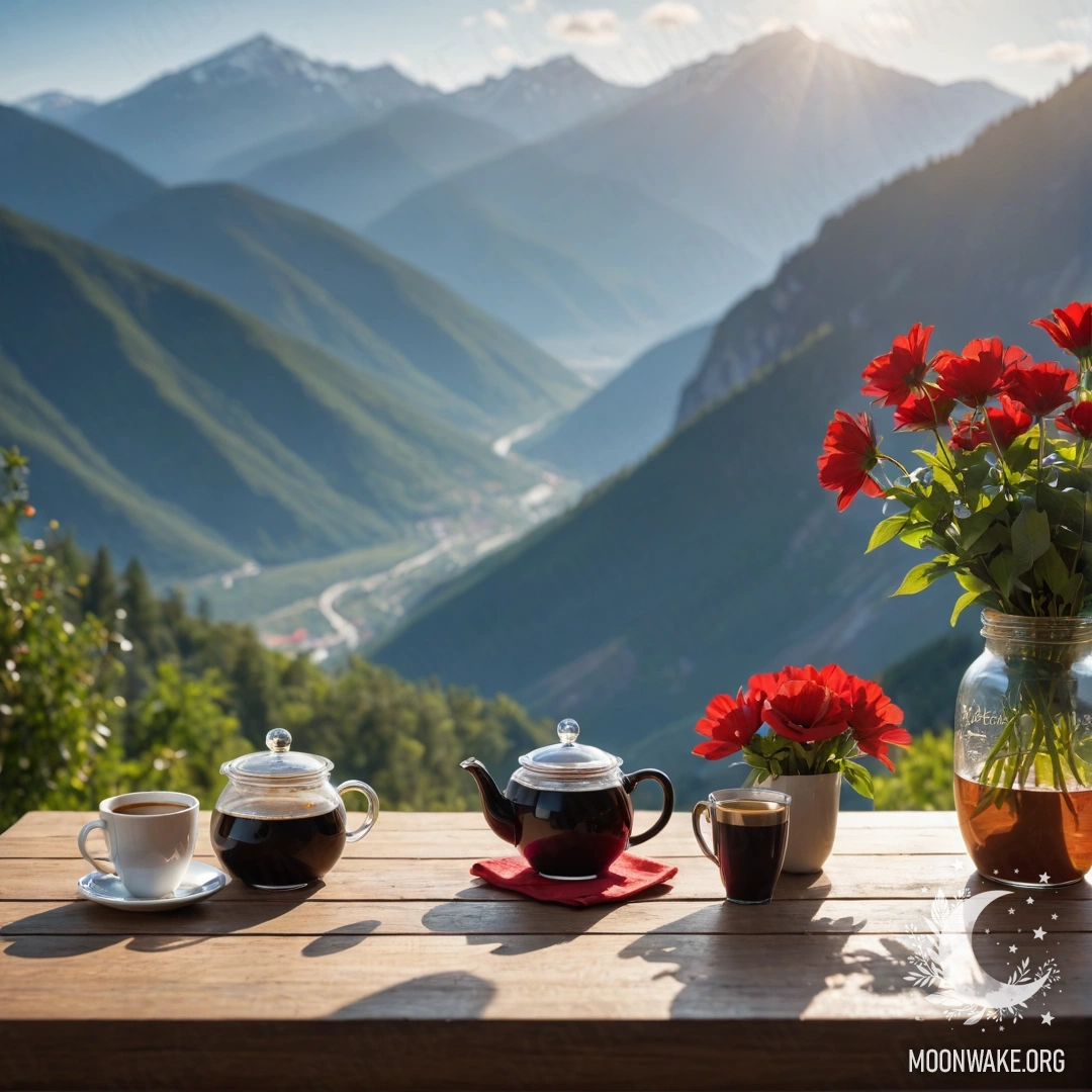 Charming Mountain View with Flowers and Coffee A peaceful wooden table adorned with red flowers, a coffee pot, and cups, against a mountainous background illuminated by sun rays.