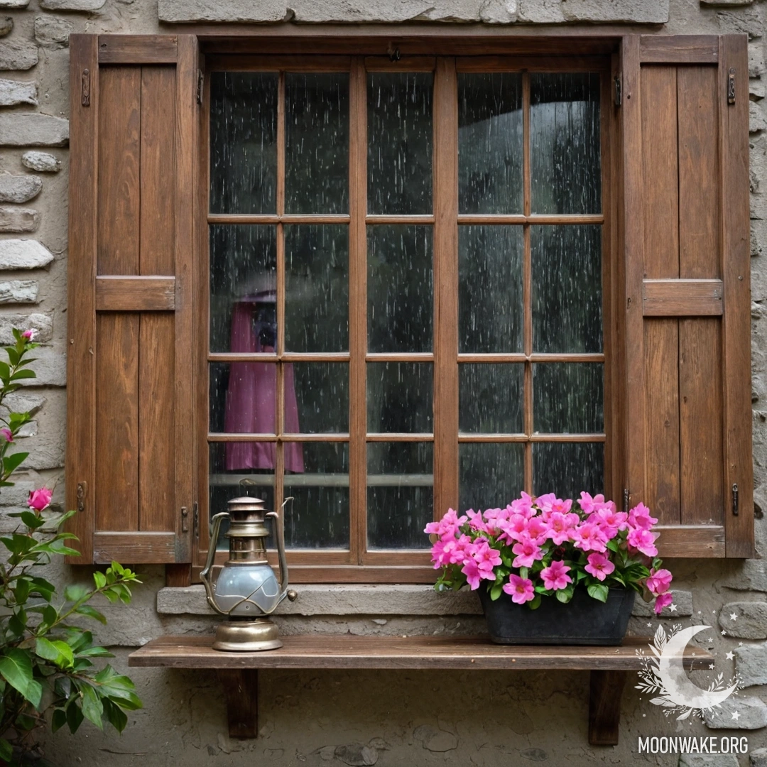 A shabby door adorned with twigs and flowers on the handle, set at night.
