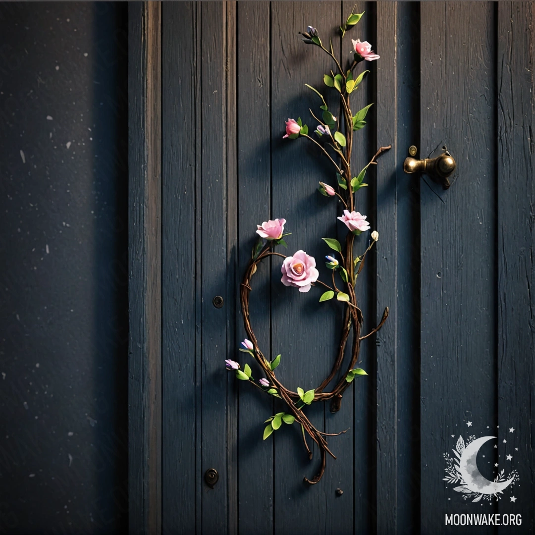 A shabby door adorned with twigs and flowers hanging from the handle at night.