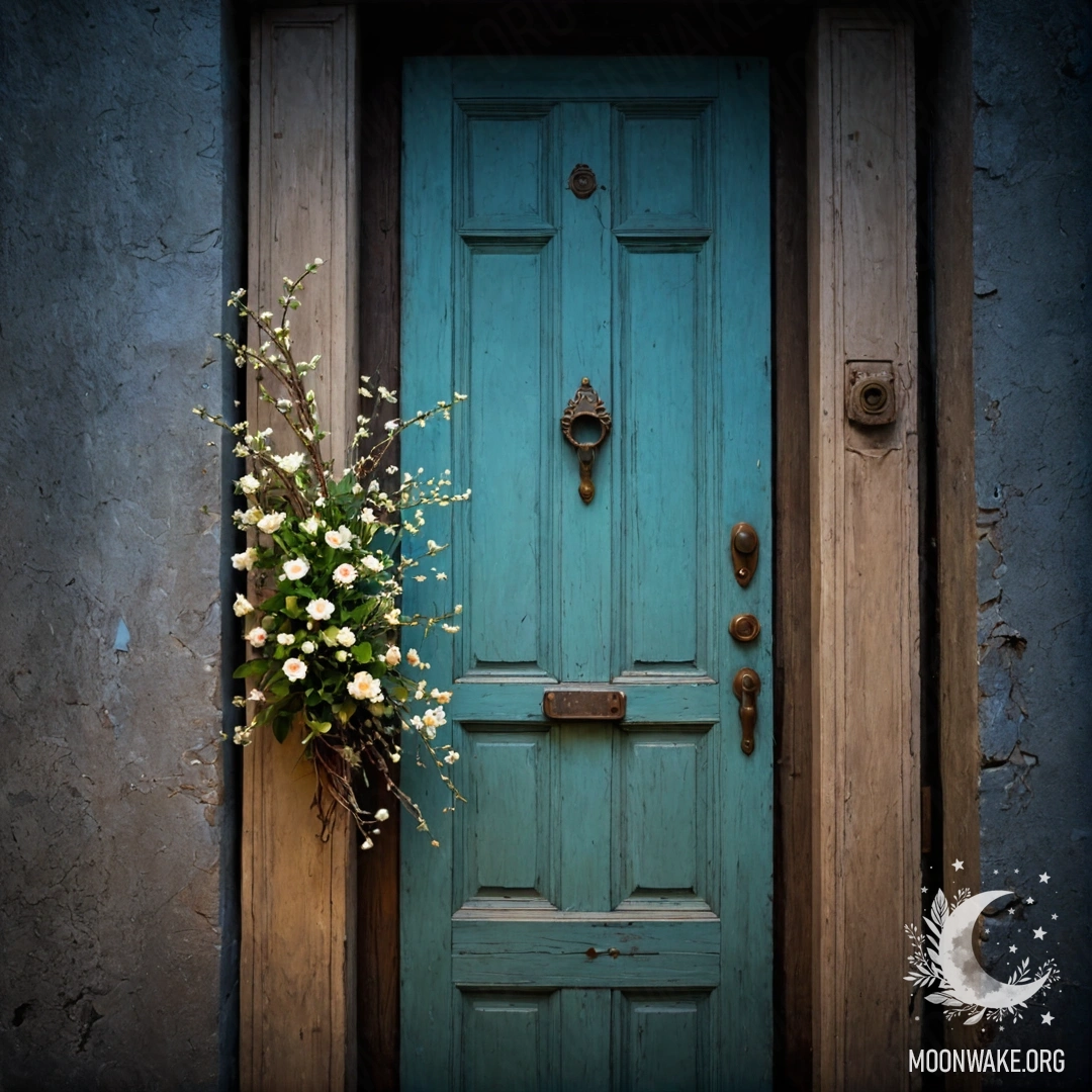 A shabby door adorned with twigs and flowers on the handle at night.