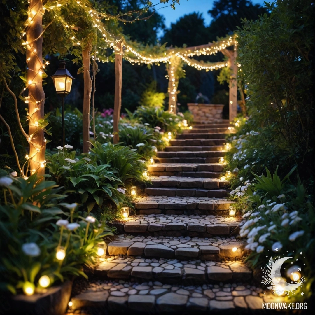 A beautifully lit garden path at night, decorated with garlands.