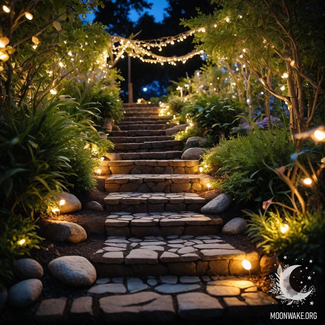 Charming Night Garden with Twinkling Lights A garden at night adorned with light garlands, stone path and wooden staircase.