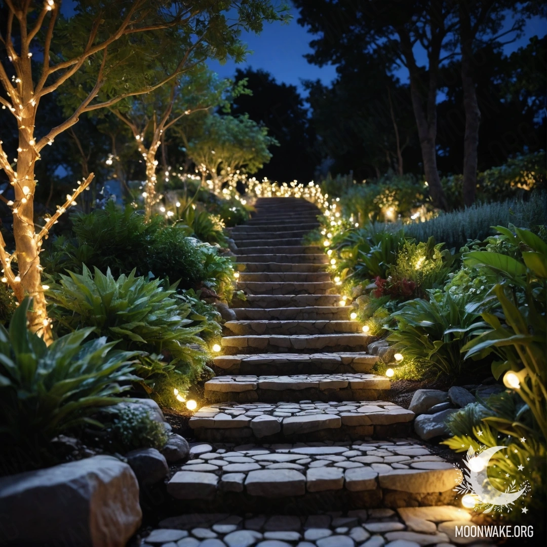 Charming Night Garden A charming garden at night, adorned with light garlands and a stone path.