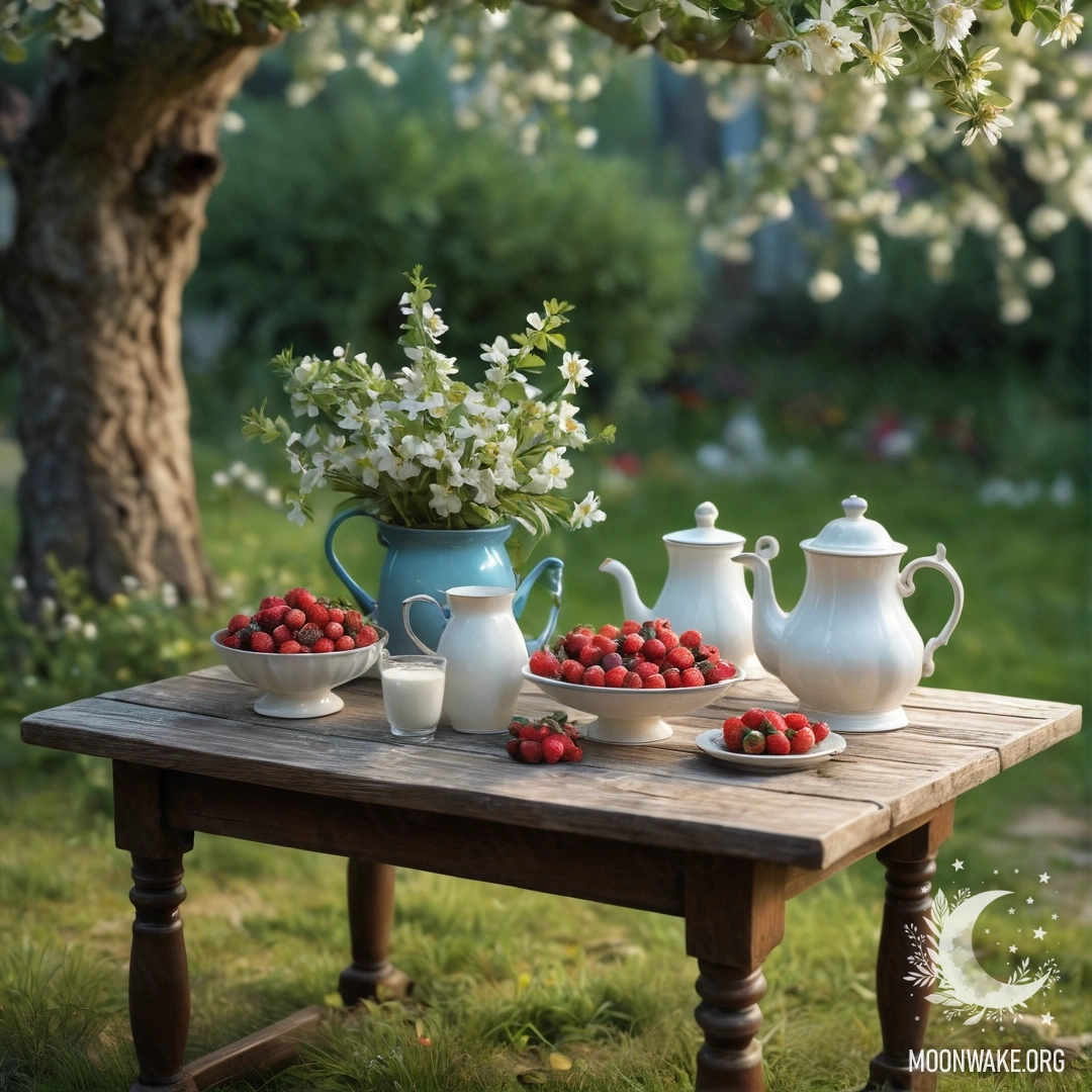 A vintage table with cups and berries under an apple tree at night.