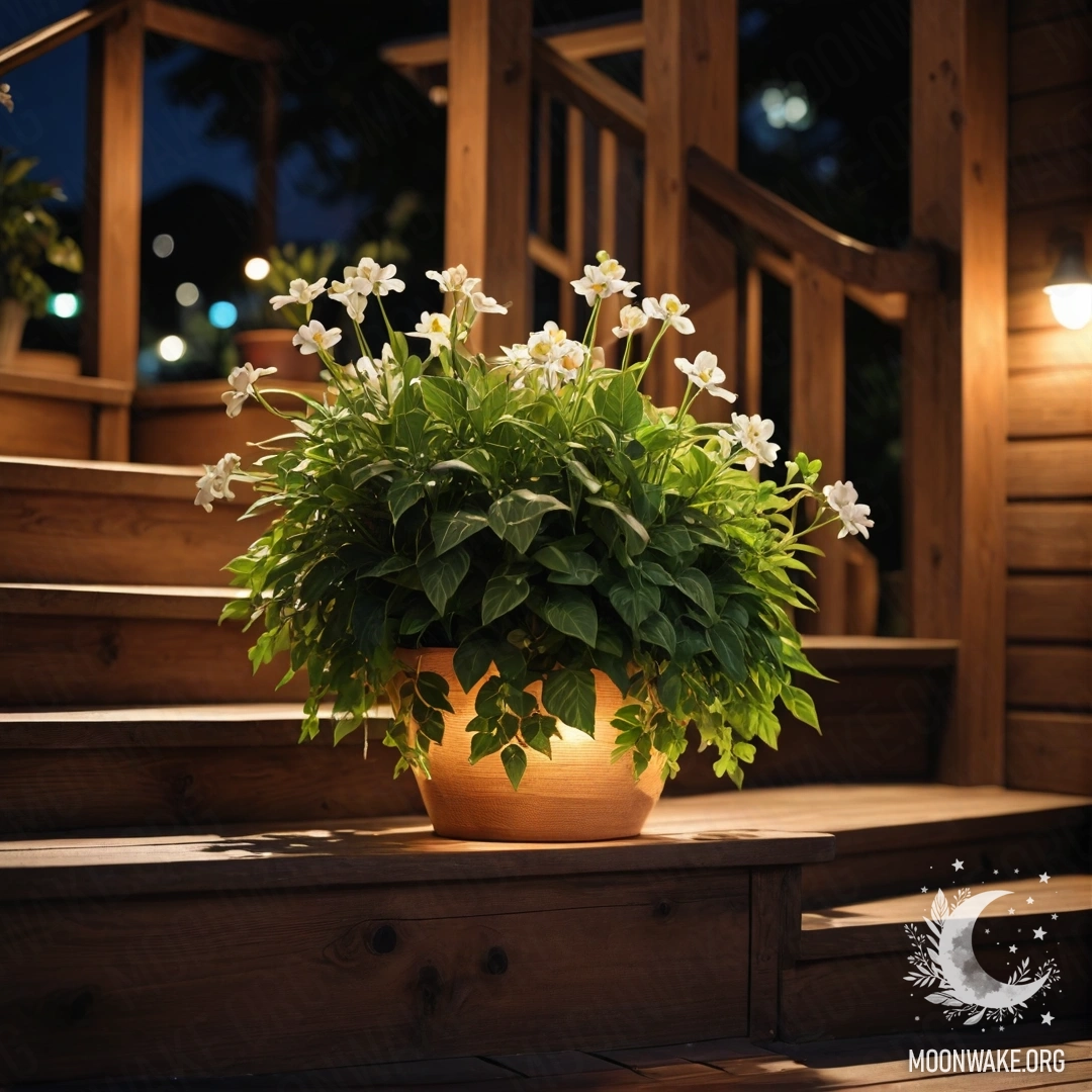 A wooden staircase adorned with flowerpots at night.